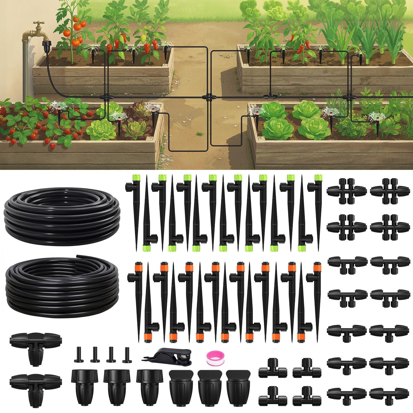RAINPOINT Drip Irrigation System, Quick-Connect Garden Watering System Kit with Adjustable Emitters for Greenhouse, Garden Grid, Raised Bed, Potted Plant