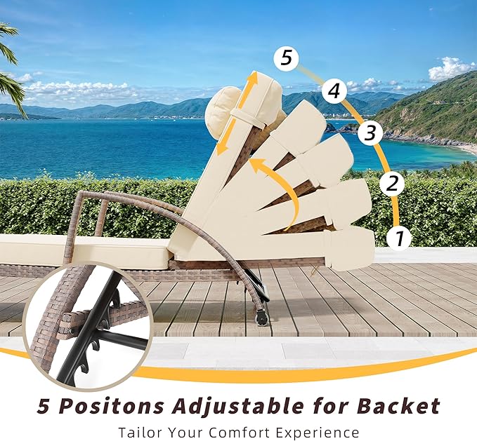 GarveeLife 2-Piece Rattan Patio Folding Chaise Lounge, 5-Position Adjustable