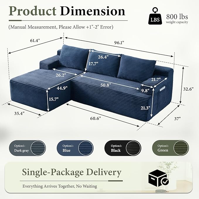 96" Sectional Couches for Living Room Cloud Couch Sofa