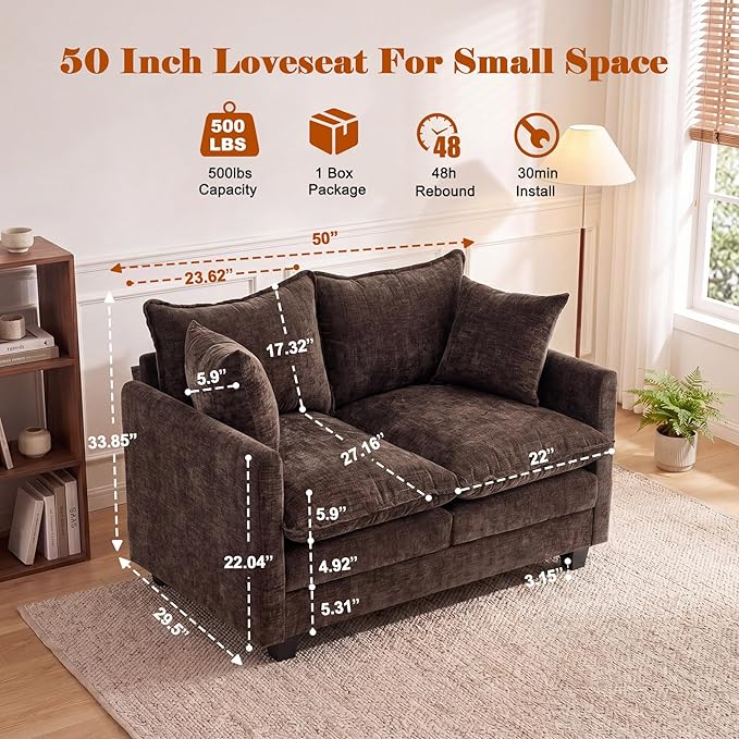 Loveseat Sofa Cloud Sofa Couch 50'', Modern Loveseats 2 Seat Couch 27" Deep Seat