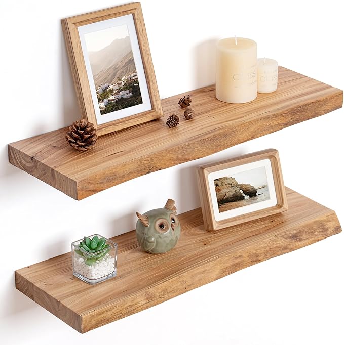 Floating Shelves for Wall Decor, Rustic Solid Elm Wood Live Edge Floating