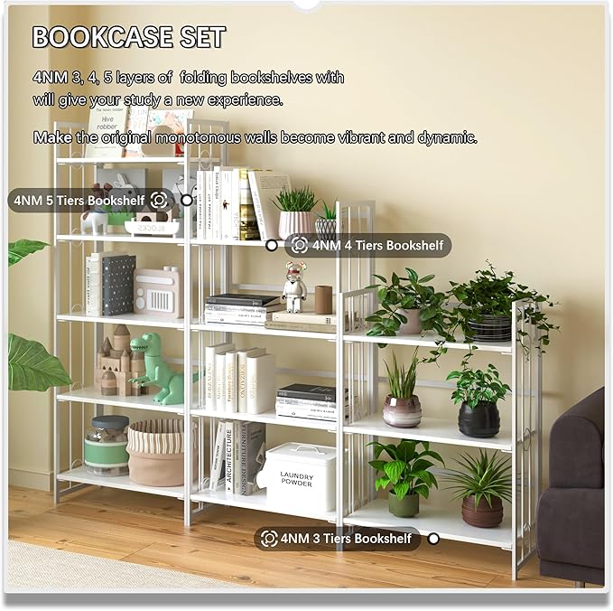 4NM No Assembly 4 Tiers Folding Bookshelf, 47.2" H Foldable Storage Shelves