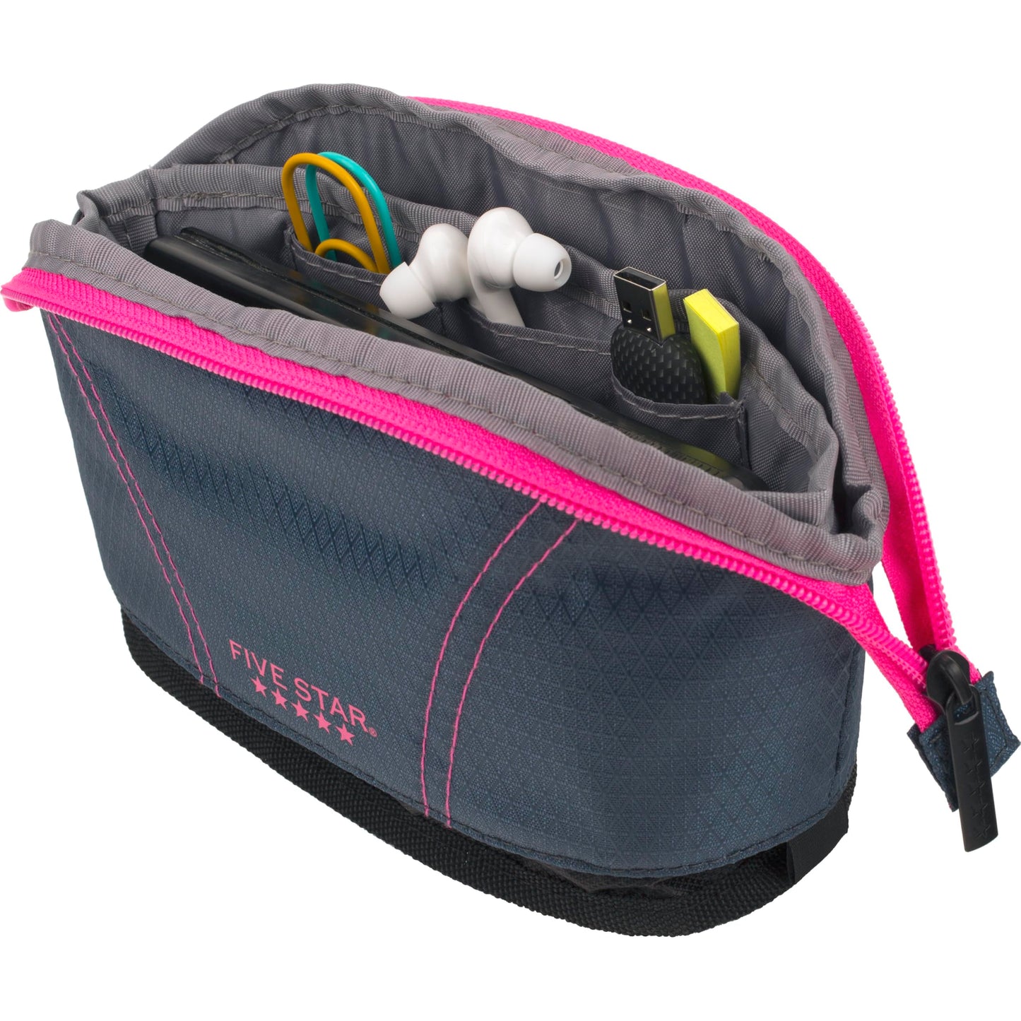 Five Star Pencil Pouch, Pen Case, Quick View Expandable Zipper Pouch, Storage Organizer for School Supplies Earbuds Chargers Cables Makeup, Navy/Pink (507610B-ECM)