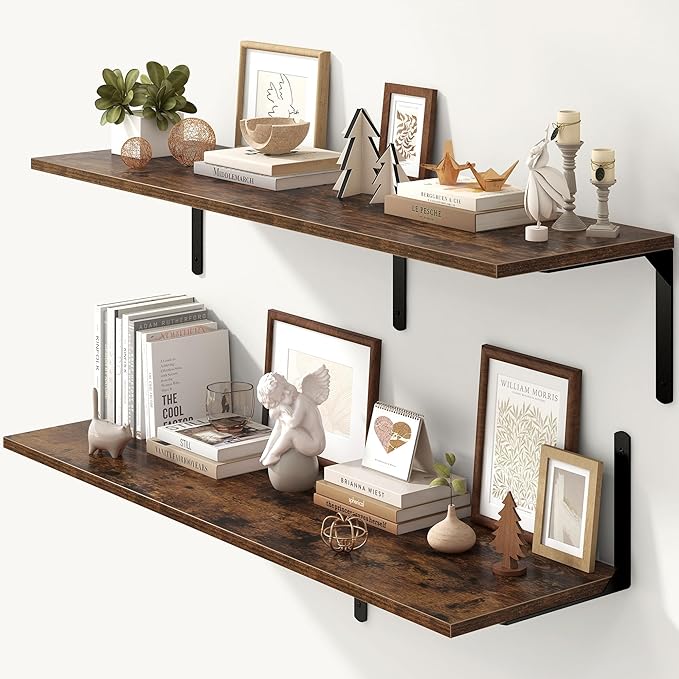 Fun Memories Rustic Brown 12 Inch Deep Floating Shelves Set of 2, Wall Mounted