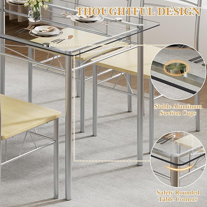 VECELO Dining Table Set for 4, 5-Piece Glass Kitchen Table
