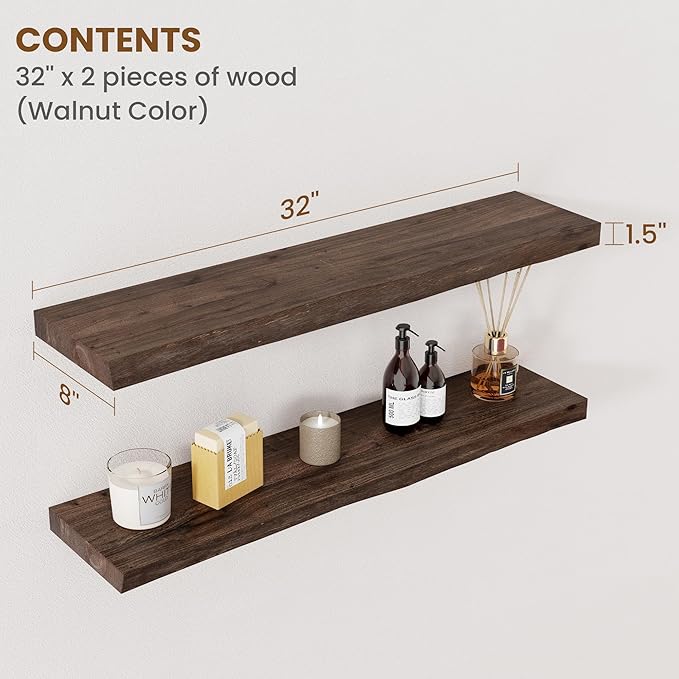 Floating Shelves for Wall Decor, Rustic Solid Elm Wood Live Edge Floating