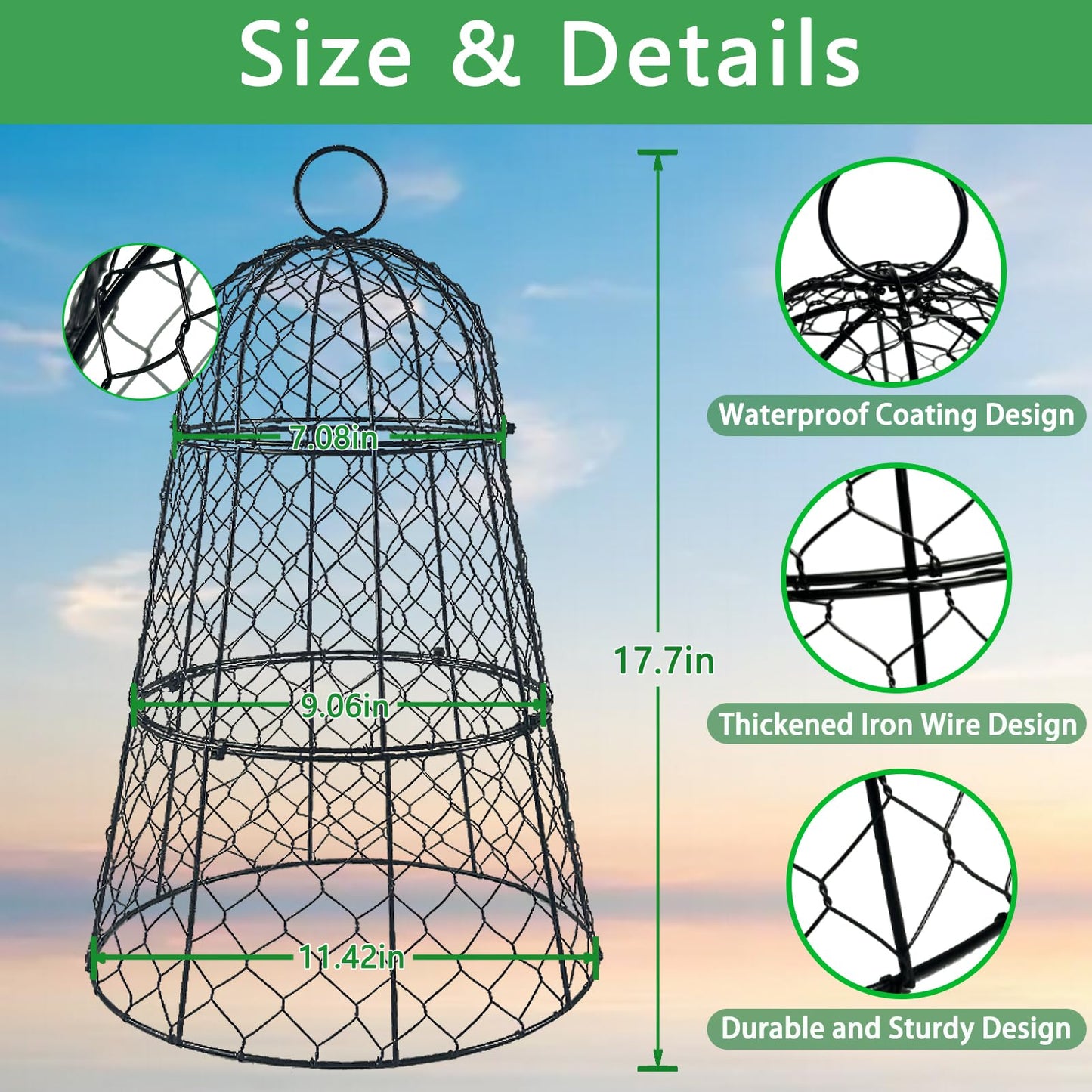 6 PCS 17.7"H X11.42"D Chicken Wire Plant Covers Protectors, Rustproof Heavy Duty Metal Plant Cage with Stakes & Labels, Modular Garden Cloches Design for Seedling Flower Vegetable Protect from Animals