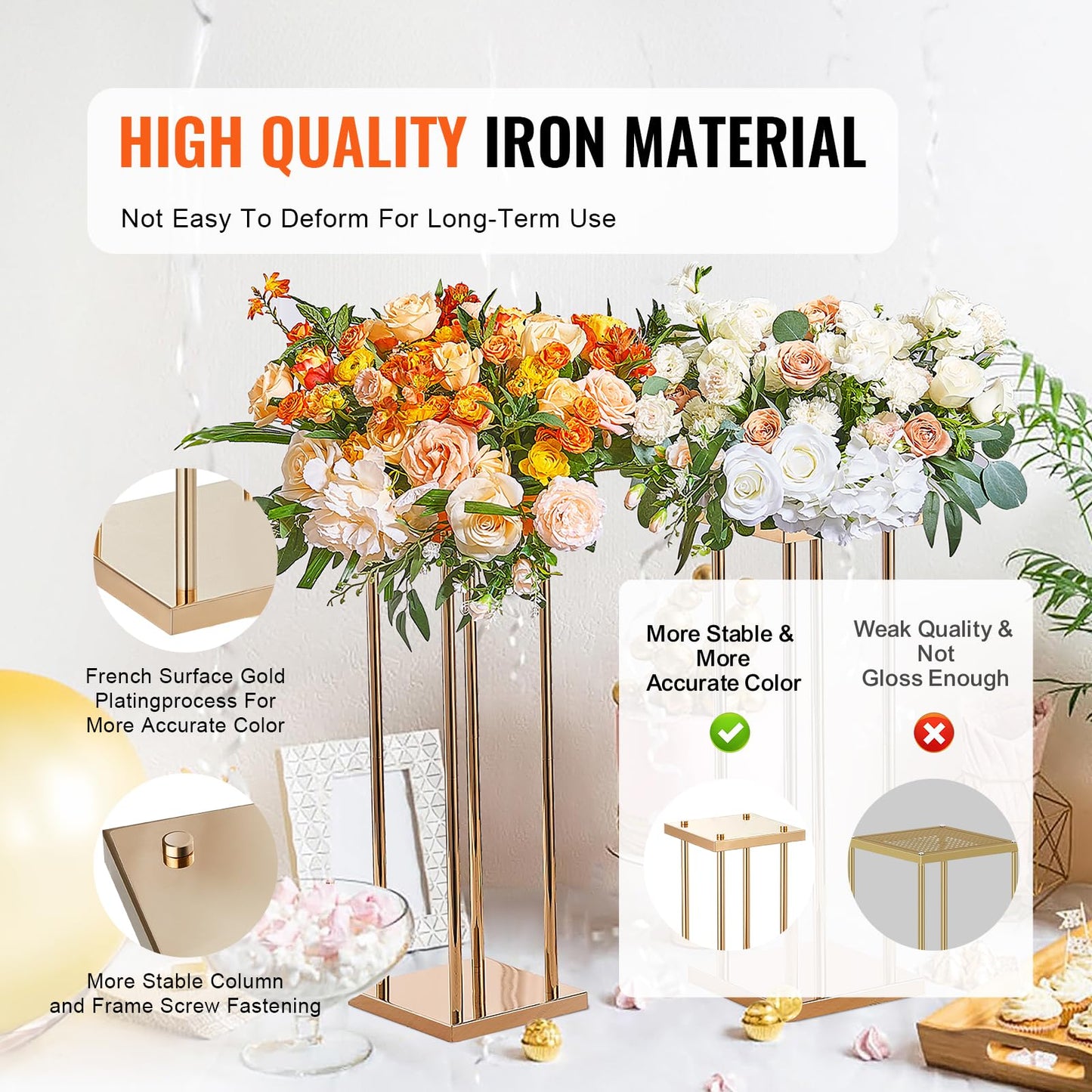 Happybuy 4PCS Gold Metal Column Wedding Flower Stand, 23.6-inch High with Metal Laminate, Cylindrical Vase Geometric Centerpiece Display Stands for Event, Reception & Party Decoration