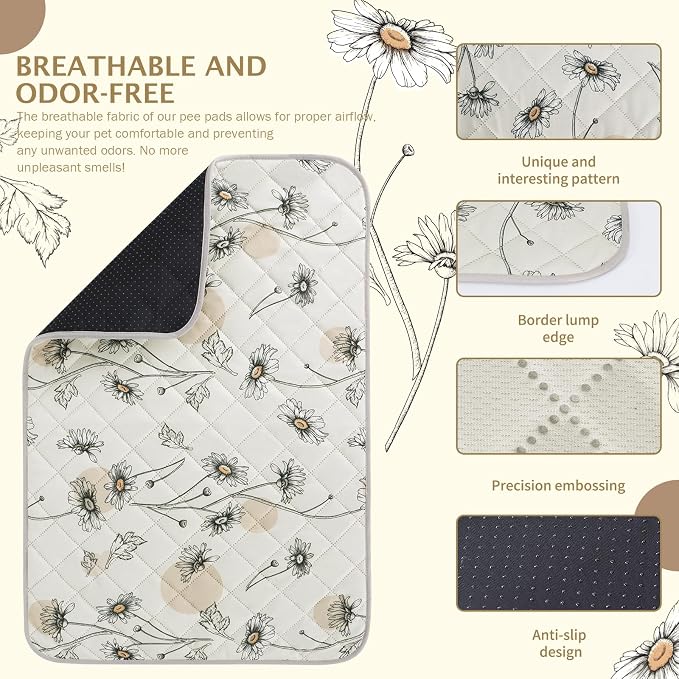 IEUUMLER Washable Pee Pads for Dogs, 1 Pack Non-Slip & Waterproof Pack Whelping Pad, Reusable Washable Puppy Potty Training Pad with Fast Absorbent for Playpen EU007 (Beige Daisy, 63"X63"-1pcs)