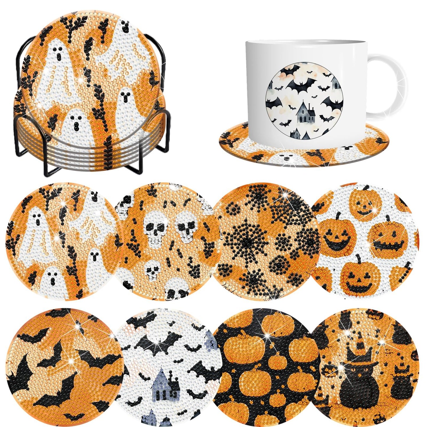 8 Pieces Halloween Diamond Art Coasters with Holder DIY Halloween Diamond Dot Coasters 5d Full Drill Diamond Coasters for Adults Halloween Diamond Painting Kits Supplies for Gift
