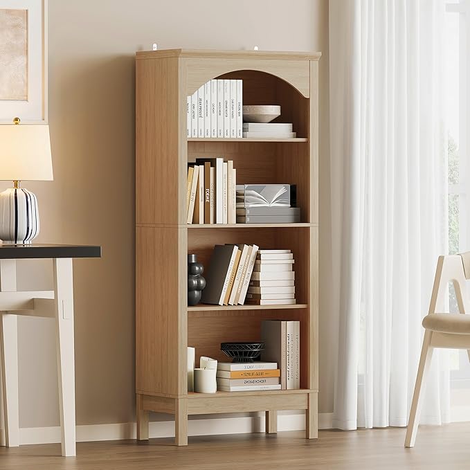 Arched Bookshelf with 4 Tier Open Shelves, Study and Living Room, Natural Oak