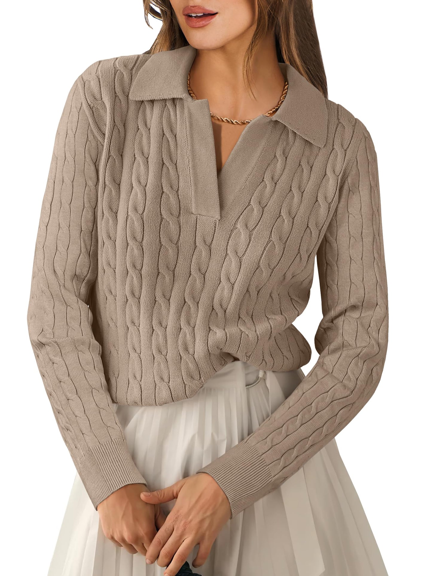 ANRABESS Womens Cable Knit Sweaters Long Sleeve V Neck Sweater Tops Casual Pullover Polo Shirts 2025 Fall Fashion Outfits