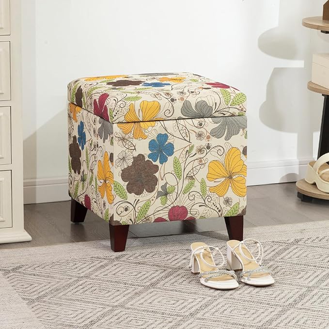 Adeco 18 Inch High Cube Ottoman Storage, Floral Printed Linen Chair Foot Stools