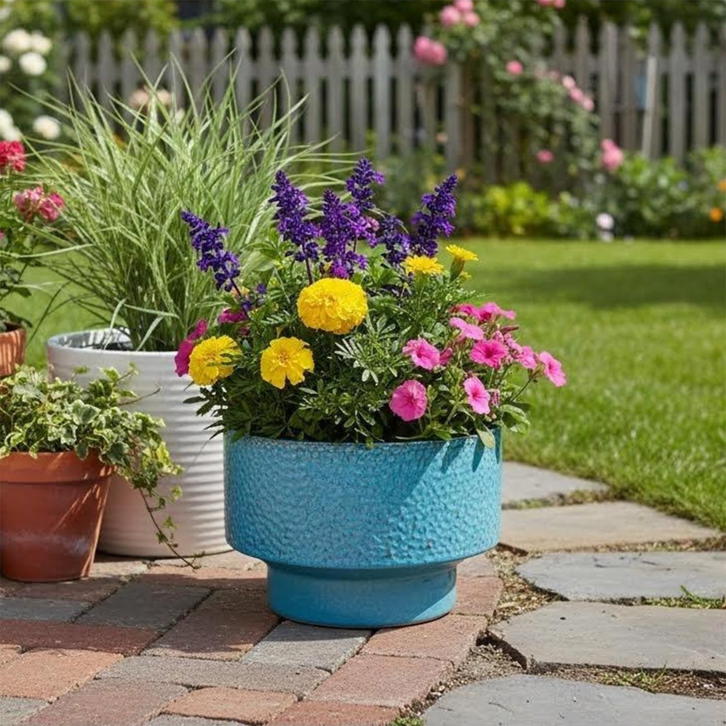 Fzfeiyy Ceramic Planters 11 Inch, Honeycomb Ceramic Pots for Plants Indoor Outdoor, Round Plant Pot with Drainage Hole, Large Planter Flower Pot, Reactive Glaze Blue