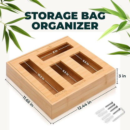 Bamboo Storage Bag Organizer for Kitchen Drawer – Foil & Plastic Bag Organizer for Drawer – Ideal for Foil and Plastic Wrap | Gallon, Quart, Sandwich, Snack Bags, Baggie Holder