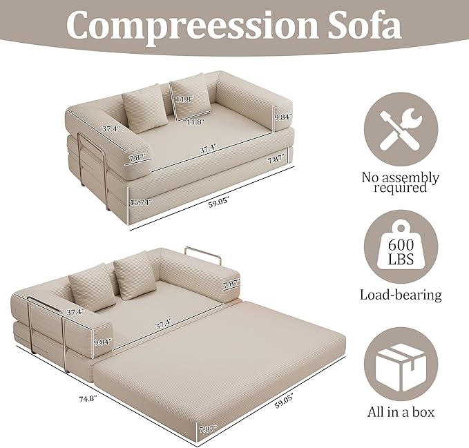 4-in-1 Foldable Sofa Bed Teddy Fabric Foam-Filled Compressed Couch, Beds Queen