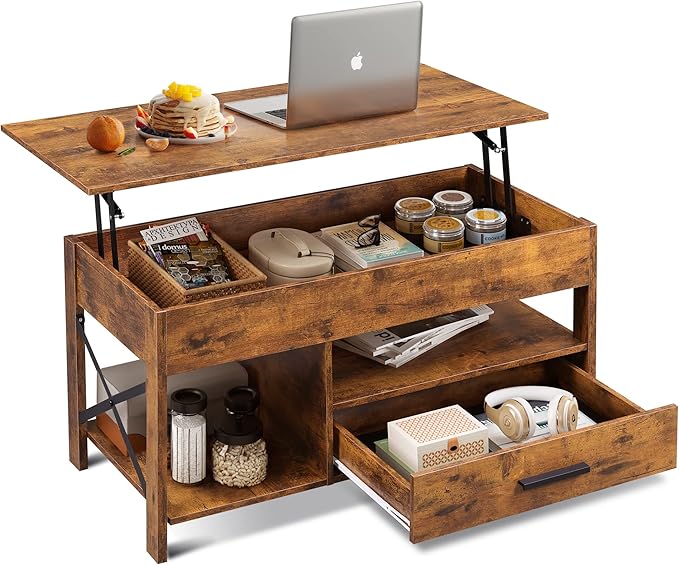 WLIVE Lift Top Coffee Table, Hidden Compartment, Wooden Lift Tabletop Center