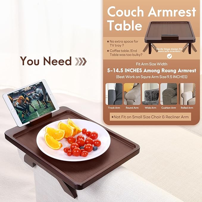 SINWANT Couch Armrest Table, Large Bamboo Couch Arm Table 360° Phone Holder
