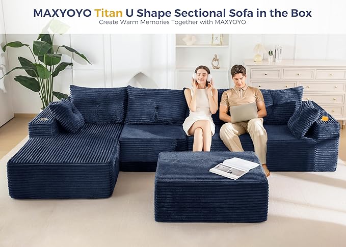 MAXYOYO 132" Giant U-Shaped Modular Sectional Couch, Modern Boneless Couch