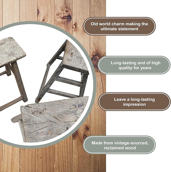 Artissance Vintage Wooden Stool, Solid Natural Wood 12–20" W x 6–9" D x 18–22" H