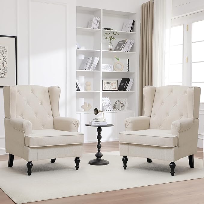 Accent Chair Set of 2, Mid Century Modern Fabric Wingback Chair, Upholstered