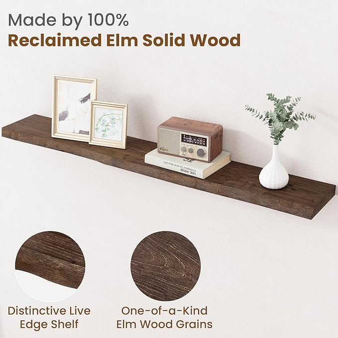 Floating Shelves for Wall Decor, Rustic Solid Elm Wood Live Edge Floating