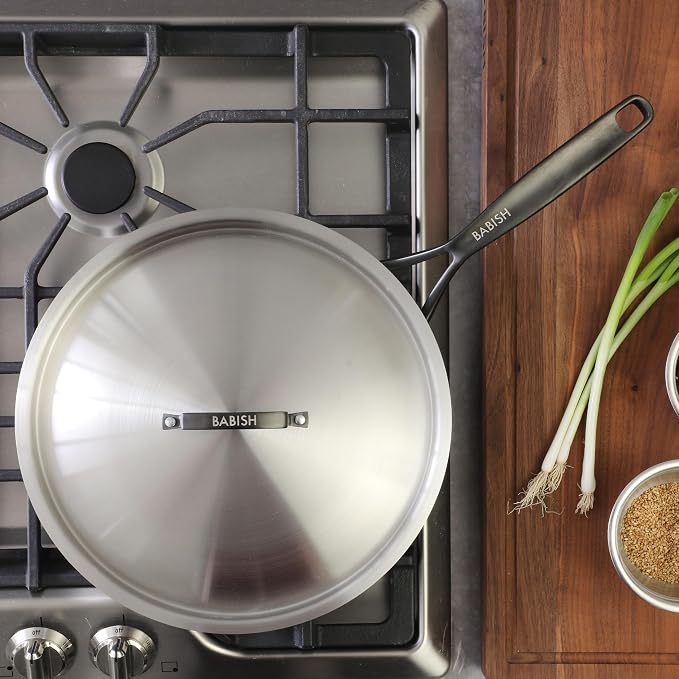 Babish 12-Inch Tri-Ply Stainless Steel Frying Pan with Lid & Black Handle – Professional Grade Skillet for Searing, Sautéing & Even Heat Cooking