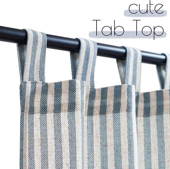jinchan Tab Top Linen Kitchen Curtains 24 Inches Striped Tier Curtains Farmhouse Modern Cafe Style Small Window Treatments Airy Light Filtering Rod Pocket for Living Room Bathroom 2 Panels Blue