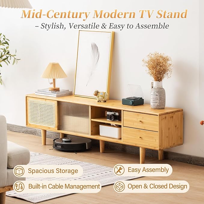 Tiita Rattan TV Stand for 55 60 Inch TV, Bamboo TV Cabinet