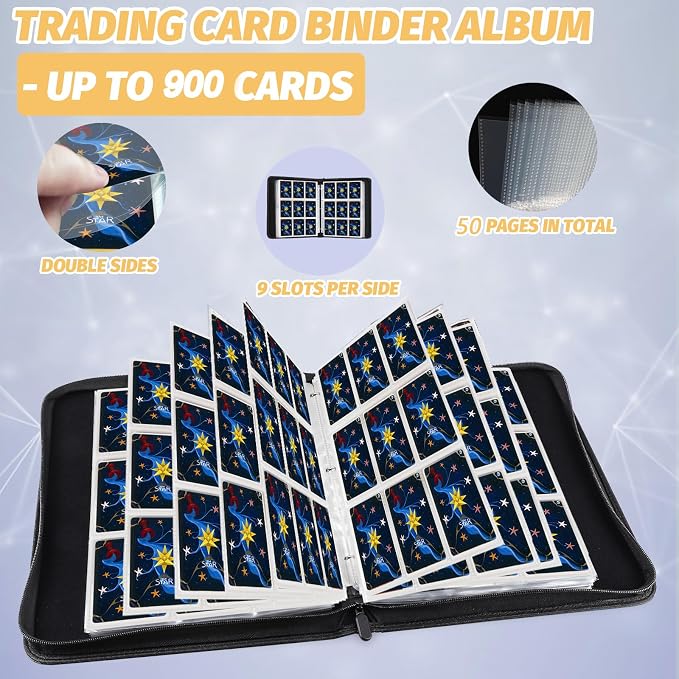 900 Pockets Round Ring Trading Card Binder, 9-Pocket Clear Zipper Card Album with Wrist Strap, Holds 900 Standard TCG & Sports Cards, Not Fit Top Loaders (Carbon Dark blue)