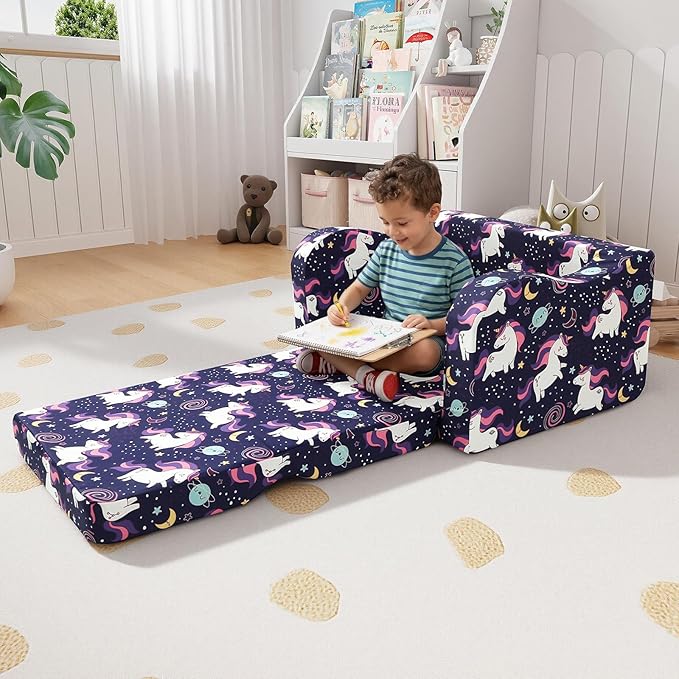 MeMoreCool Kids Folding Couch – Purple Unicorn Toddler Chair, Fold-Out 2-in-1