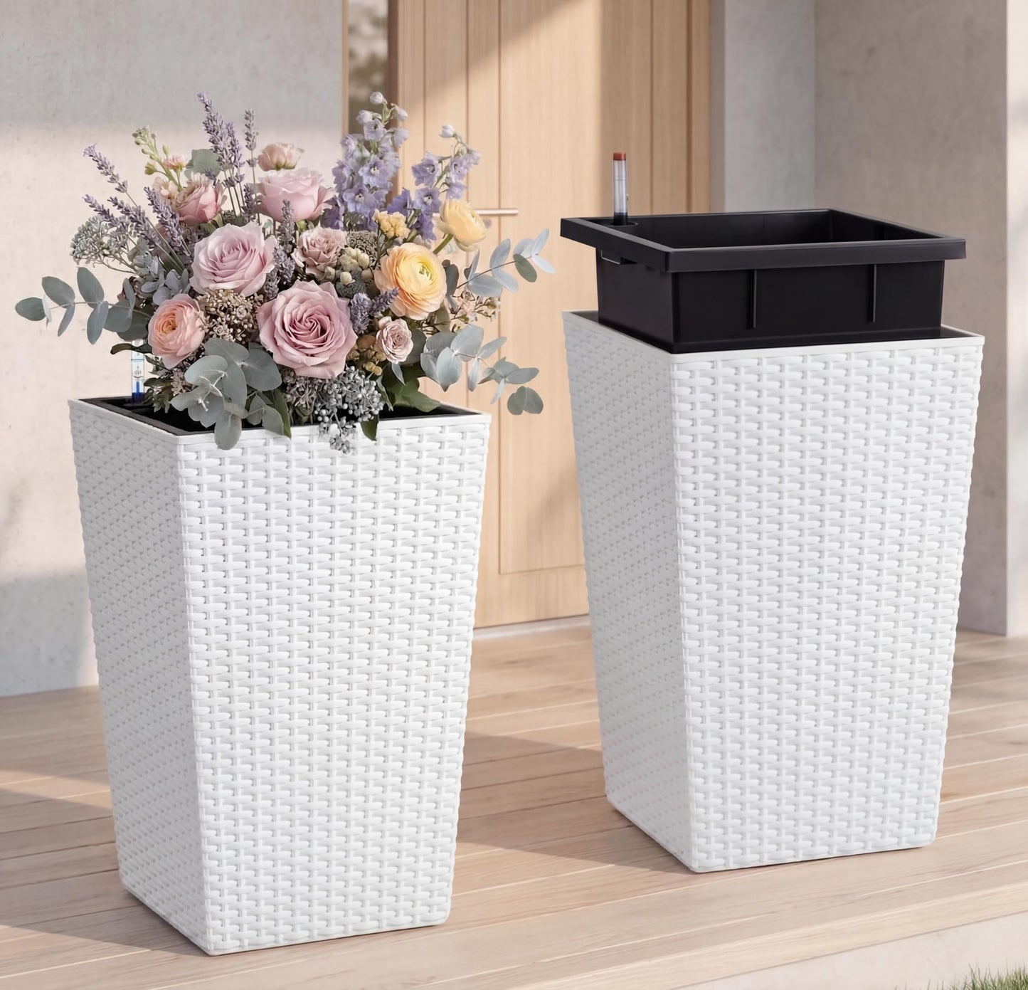 16" White Tall Planters Outdoor Set of 2, Large White Flower Pots Outdoor with Drainage Holes & Automatic Watering System, Modern Large Resin Planters for Outdoor Plants, Front Porch, Deck, Rattan
