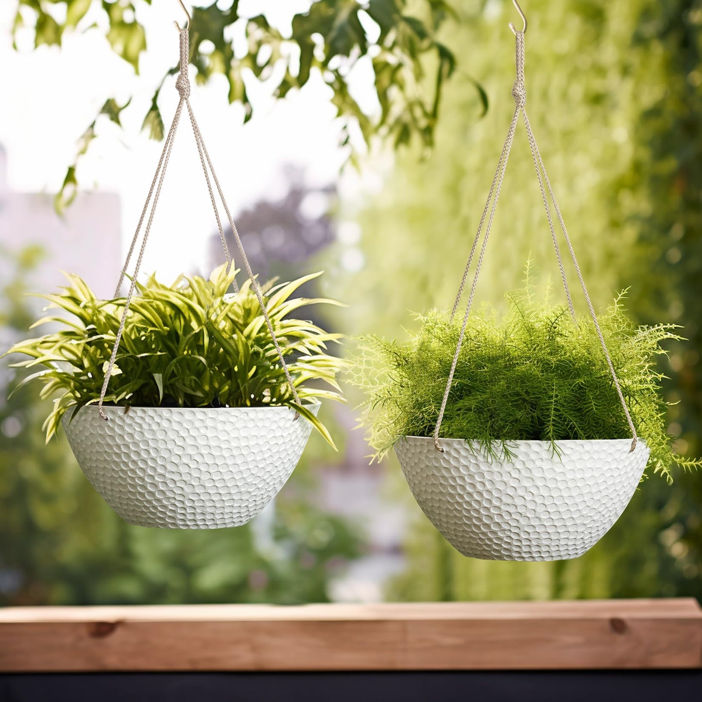 LA JOLIE MUSE Hanging Planters for Outdoor Plants, Large Hanging Planter with Drain Holes, Outdoor Hanging Flower Pots, White Stone, Honeycomb (13.2 Inch, Set of 2)