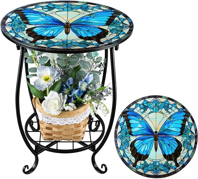 Cinnvoice Outdoor Side Table Round Small Mosaic Patio Accent Indoor End Plant