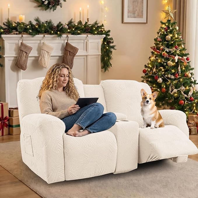Recliner Loveseat Covers with Console, 6-Piece Stretch Geometric Strokes