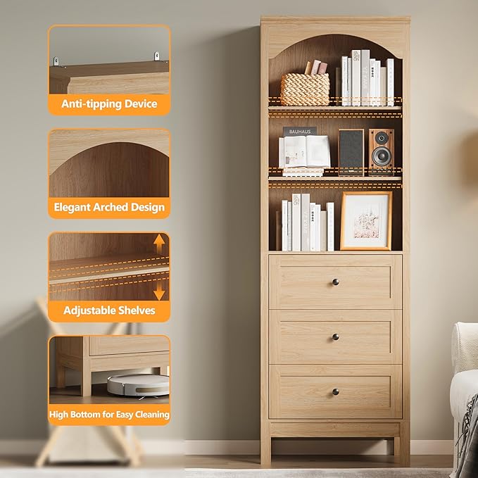Bookshelf with Drawers, Floor Standing Display Storage Cabinet