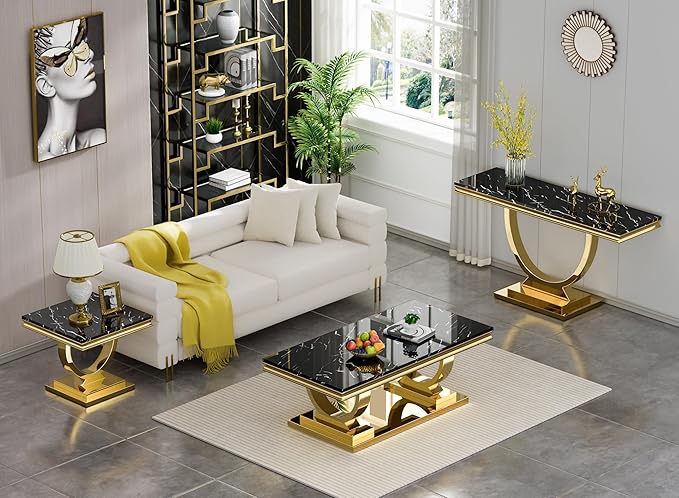 Henf 47" Marble Console Table Modern Black Faux Marble Entryway Table