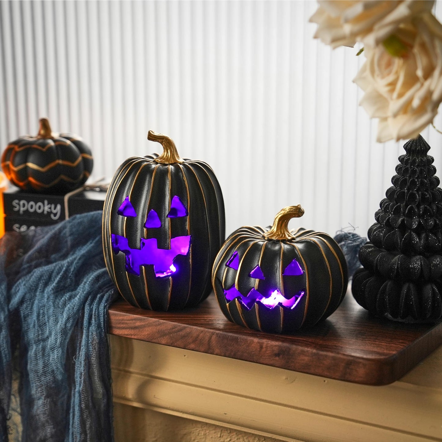 FESTGLOX 2Pcs Light Up Black Pumpkins for Halloween with Gold Lines, Small Jack O Lantern Pumpkins with Purple LED Light, Resin Halloween Pumpkin for Indoor Spooky Decor, Table (Battery Operated)