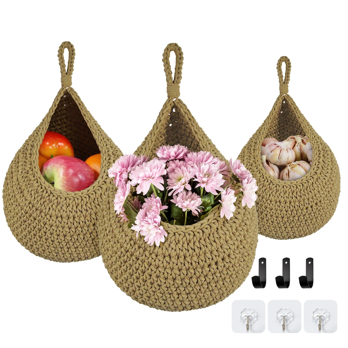 CKCY Hanging Fruit Baskets for Kitchen, 3 Pack Boho Wall Hanging Basket Woven Storage Garlic Keeper for Vegetable Produce Hammock Holder Home Kitchen Decor, Brown
