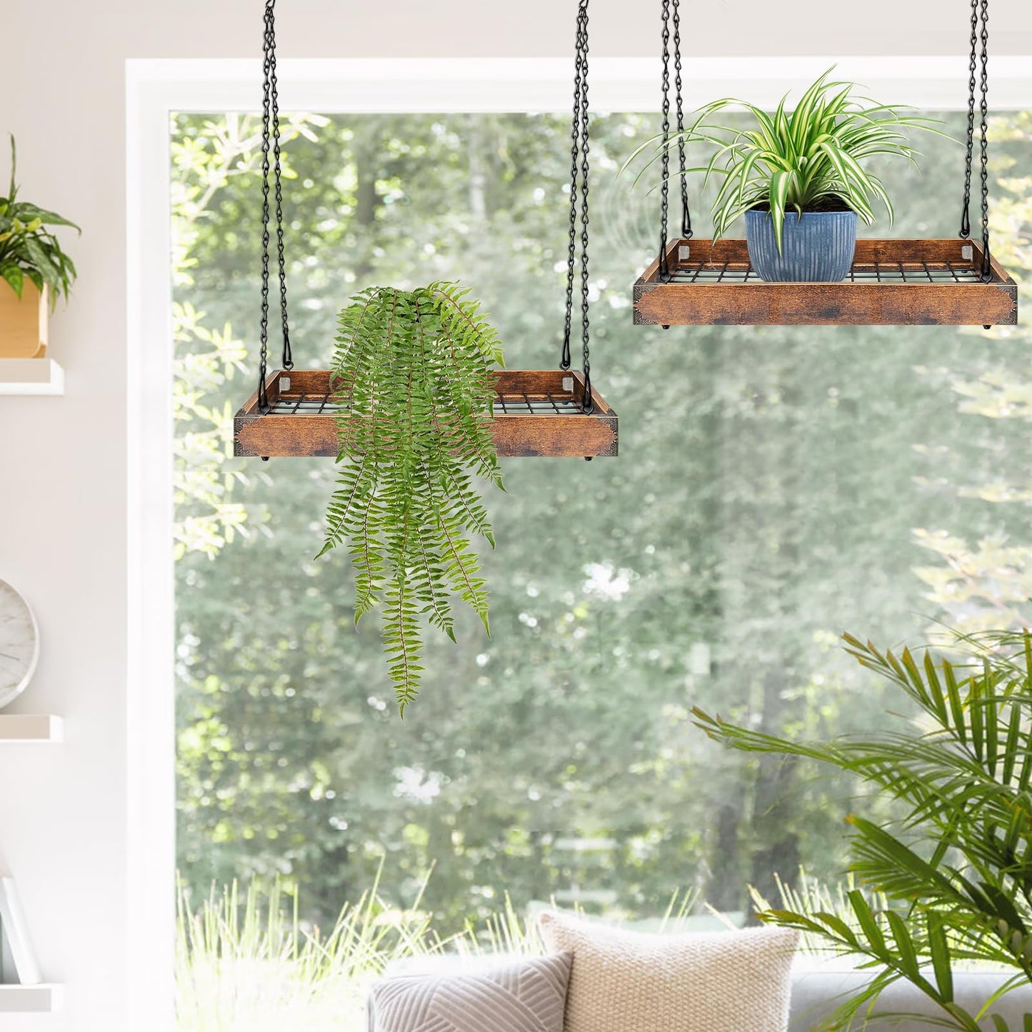 Lilybud--lily Plant Hanger Indoor Outdoor, 16" Large Hanging Planters for Indoor Plants Hanging Plant Holder Wood Metal Hanging Plant Shelf Large Hanging Baskets for Plants Outdoor Window Ceiling
