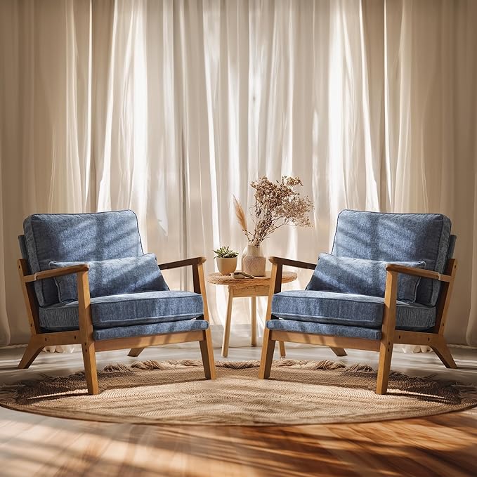 VINGLI Solid Wood Wide Armrests Accent Chair Set of 2, Upholstered Mid Century