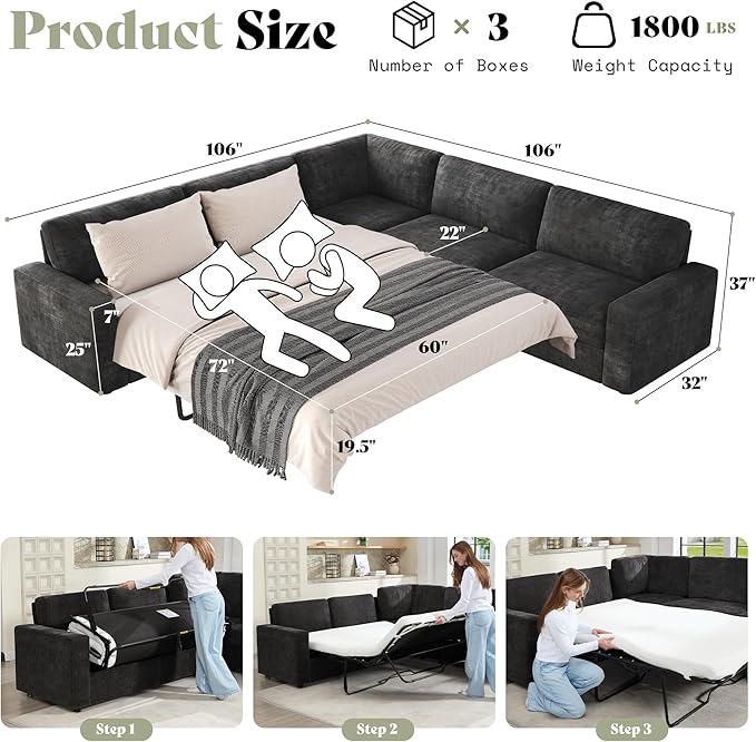 AMERLIFE 106" Oversized Sofa Bed, Sectional Sleeper Sofa