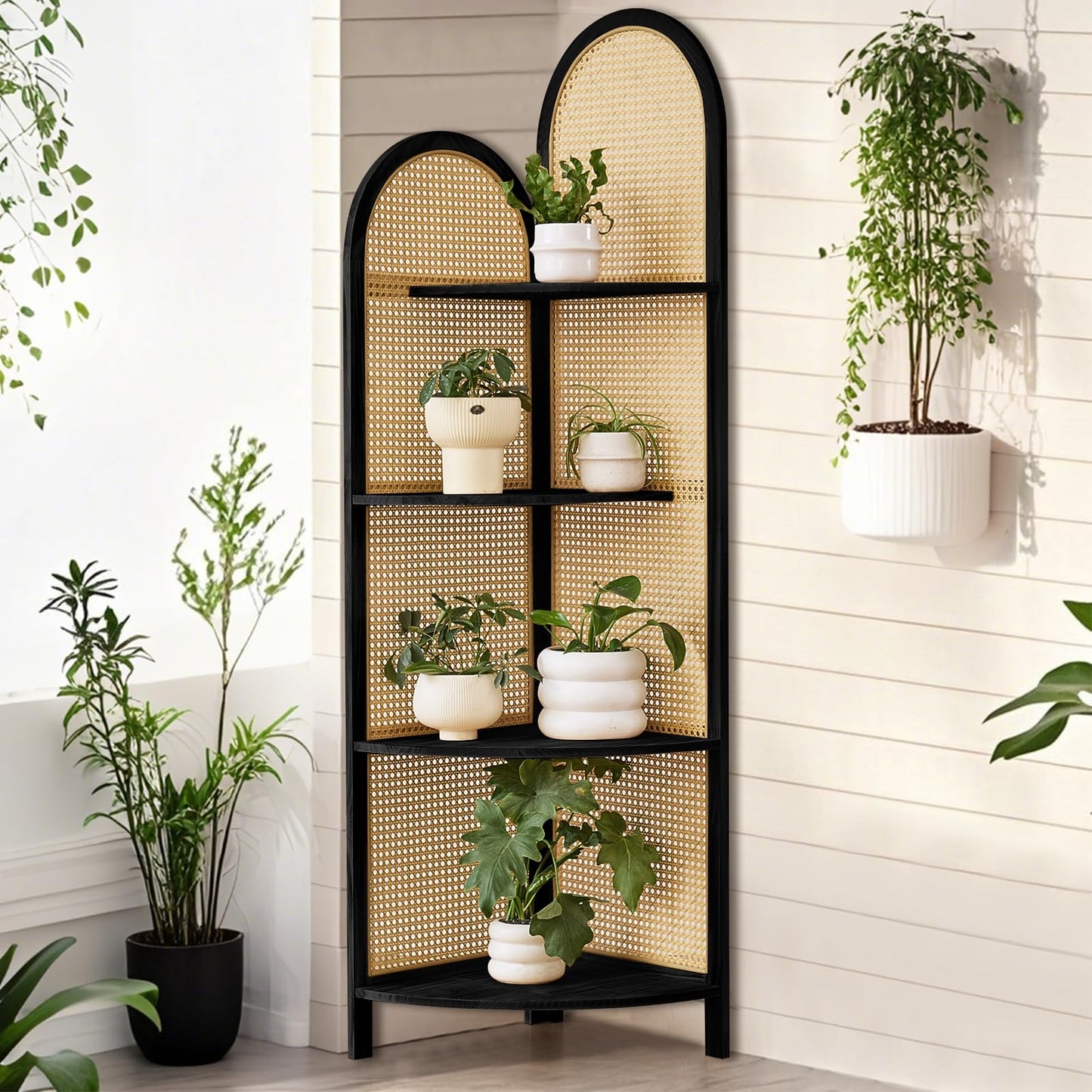 Aletheiawu Corner Shelf Stand 4-Tier 70" Corner Shelves Display Shelf Pine Wood Frame with Rattan Wall Corner Bookshelf Multi Unit Organizer Rack with Legs for Living Room Decor,Small Space (Black)