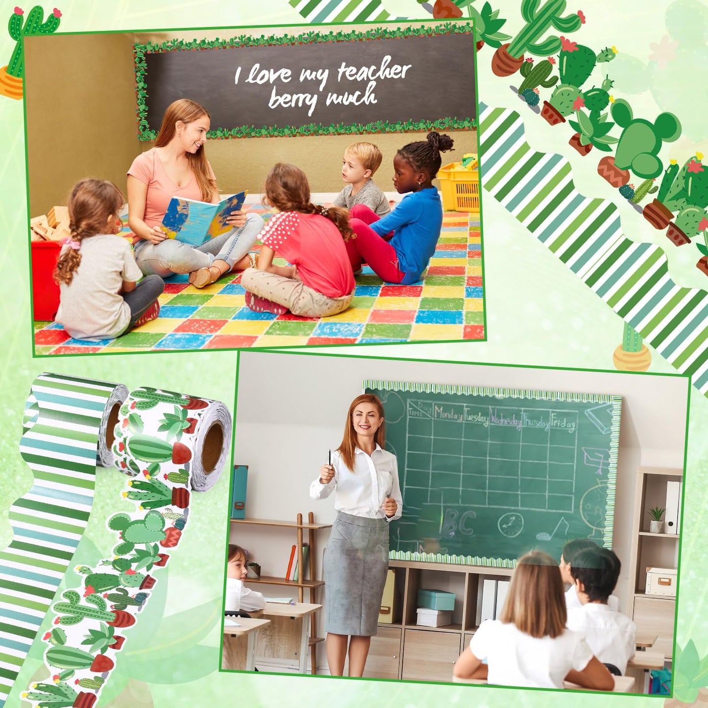 Trandraft 2 Rolls 65.6ft Cactus Bulletin Board Decorations Borders Strips Succulent Classroom Decor Back to School Trim Borders for Home Office(Cactus Style)