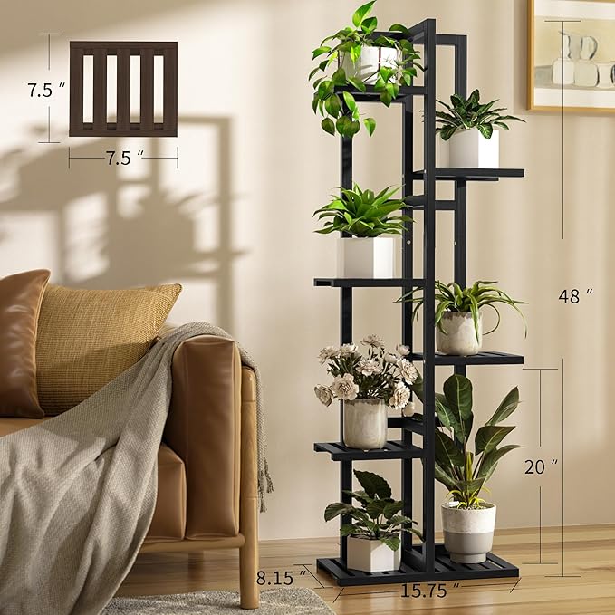 ROMGUAR CRAFT 6 Tier Bamboo Plant Stand Indoor, Wood Tall Flower Holder Corner
