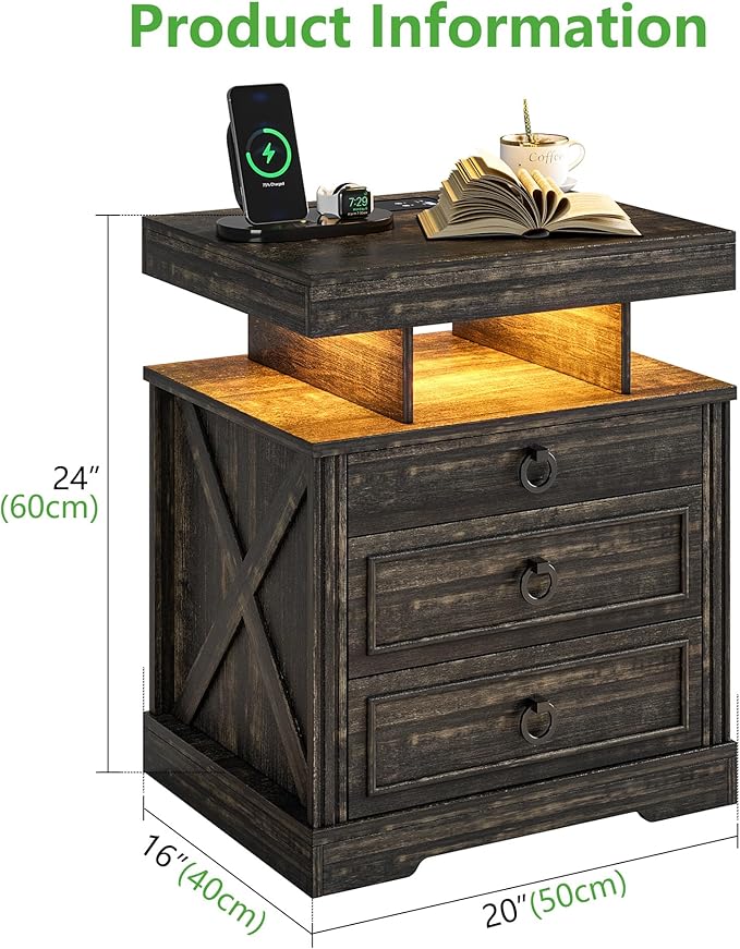HNEBC Night Stand Set 2 with Gun Drawers, Farmhouse Nightstand with Charging