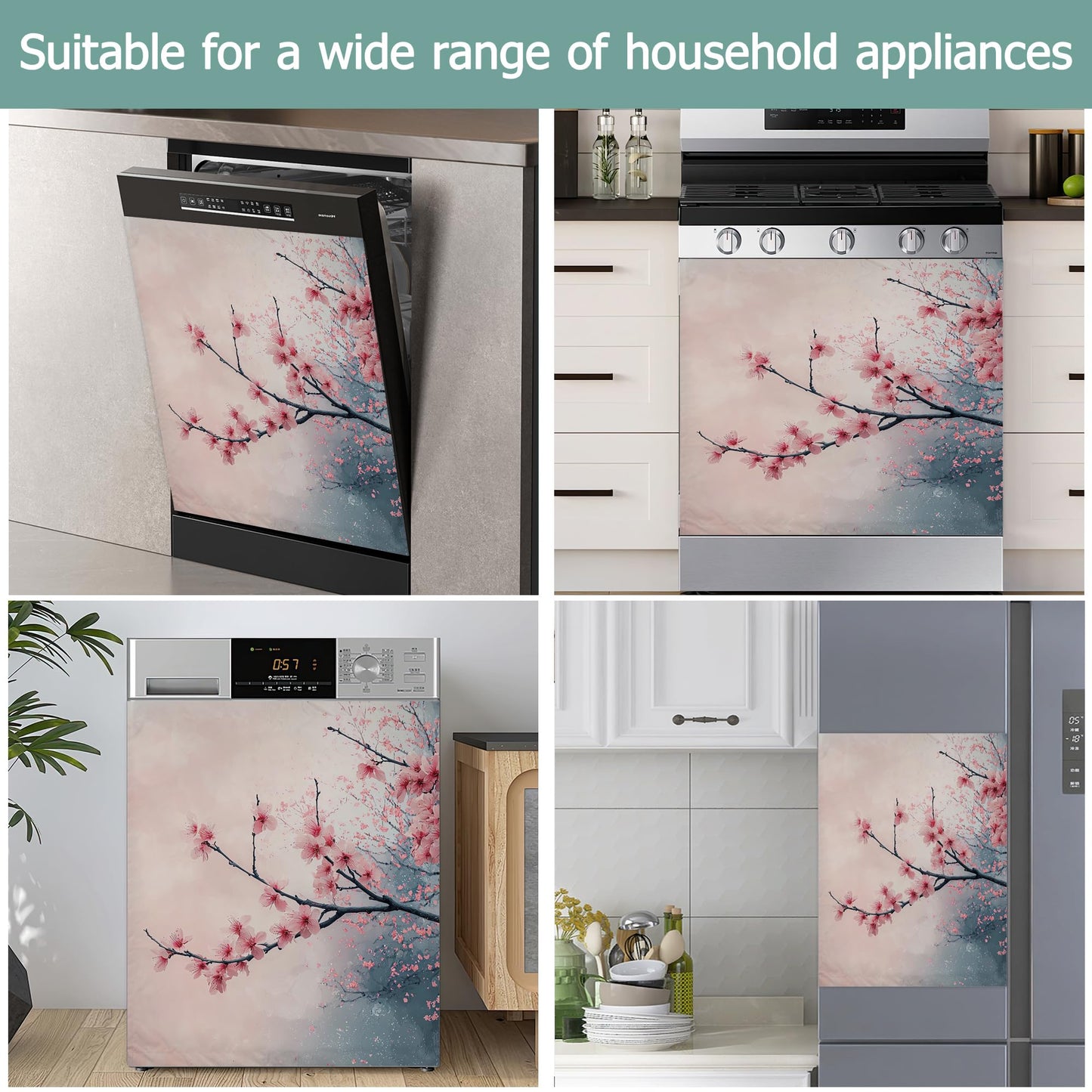 Cherry Blossom Refrigerator Magnet Cover,Pink Flowers Washable Dishwasher Magnets Decorative Cover,Home Kitchen Decorative Dishwasher Front Panel Cover 23x26 Inch
