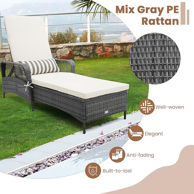 COSTWAY PE Rattan Chaise Lounge Chair, 6 Gear Adjustable Recliner