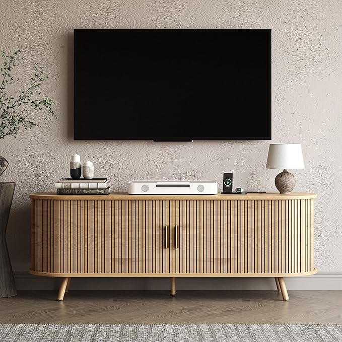 63 inch TV Stand with Power Outlet, Fluted Entertainment Center