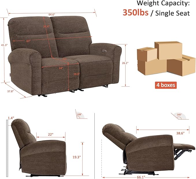 MCombo 64.6" Wall Hugger Power Loveseat Recliner Sofa